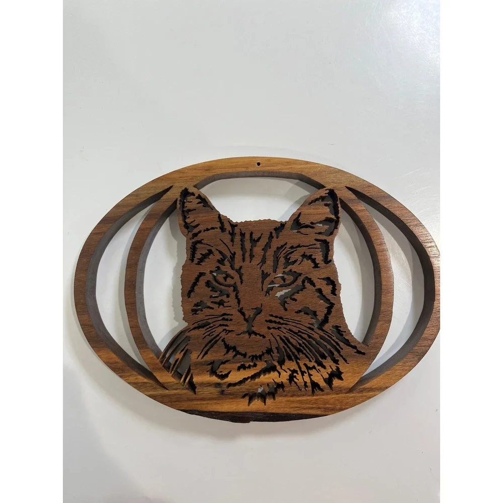 Vintage Wood Carved Cat Scroll Saw Art Cat Rustic Wall Decor Handmade Lazer‎